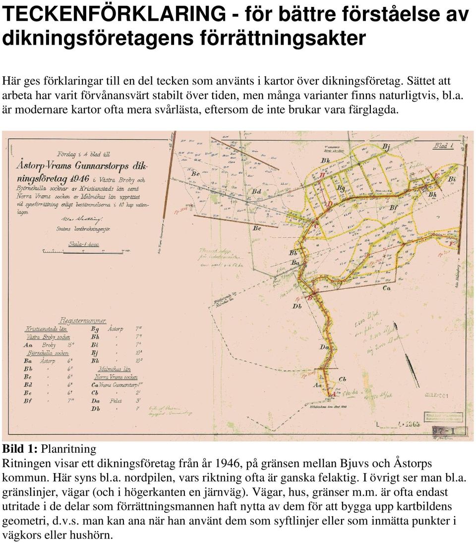 Bild 1: Planritning Ritningen visar ett dikningsföretag från år 1946, på gränsen mellan Bjuvs och Åstorps kommun. Här syns bl.a. nordpilen, vars riktning ofta är ganska felaktig. I övrigt ser man bl.