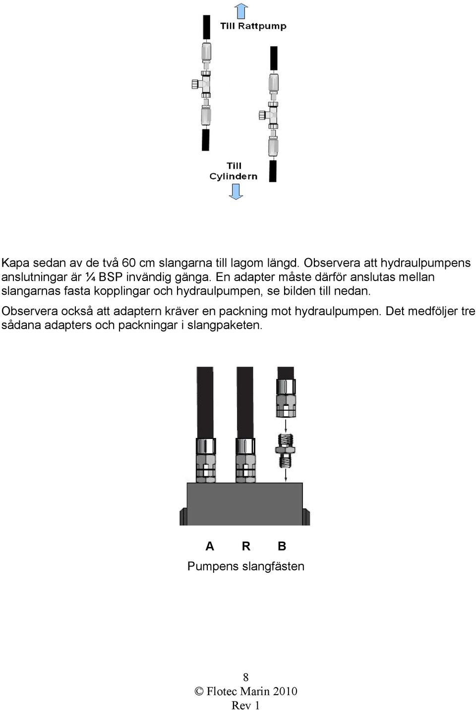 En adapter måste därför anslutas mellan slangarnas fasta kopplingar och hydraulpumpen, se bilden