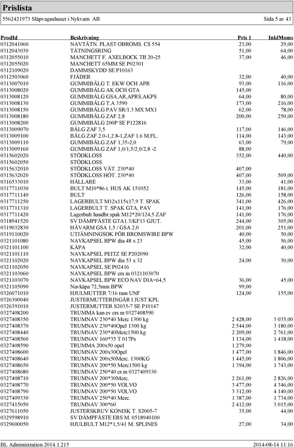 EKW OCH APR 93,00 116,00 0313008020 GUMMIBÄLG AK OCH GTA 145,00 0313008120 GUMMIBÄLG GSA,AR,APRS,AKPS 64,00 80,00 0313008130 GUMMIBÄLG T.A 3590 173,00 216,00 0313008150 GUMMIBÄLG PAV SR/1.