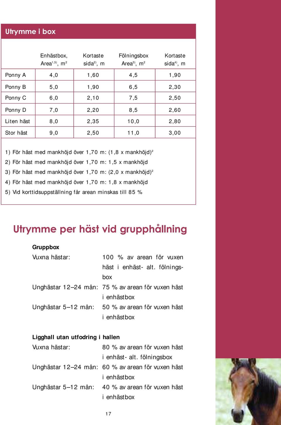 mankhöjd över 1,70 m: (2,0 x mankhöjd) 2 4) För häst med mankhöjd över 1,70 m: 1,8 x mankhöjd 5) Vid korttidsuppställning får arean minskas till 85 % Utrymme per häst vid grupphållning Gruppbox Vuxna