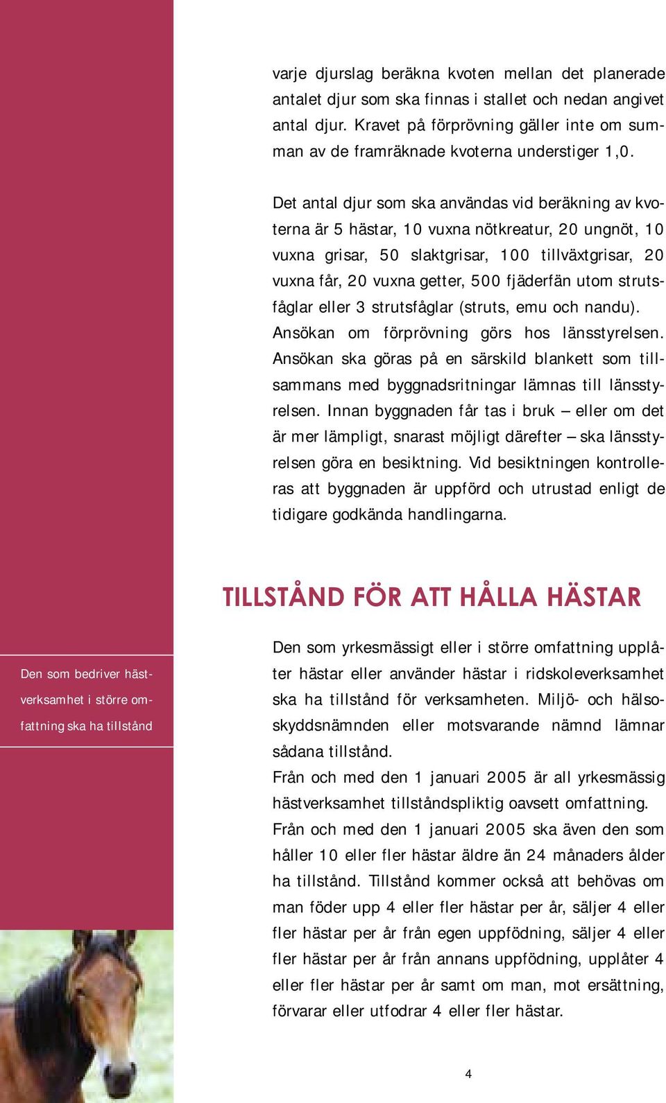 Det antal djur som ska användas vid beräkning av kvoterna är 5 hästar, 10 vuxna nötkreatur, 20 ungnöt, 10 vuxna grisar, 50 slaktgrisar, 100 tillväxtgrisar, 20 vuxna får, 20 vuxna getter, 500