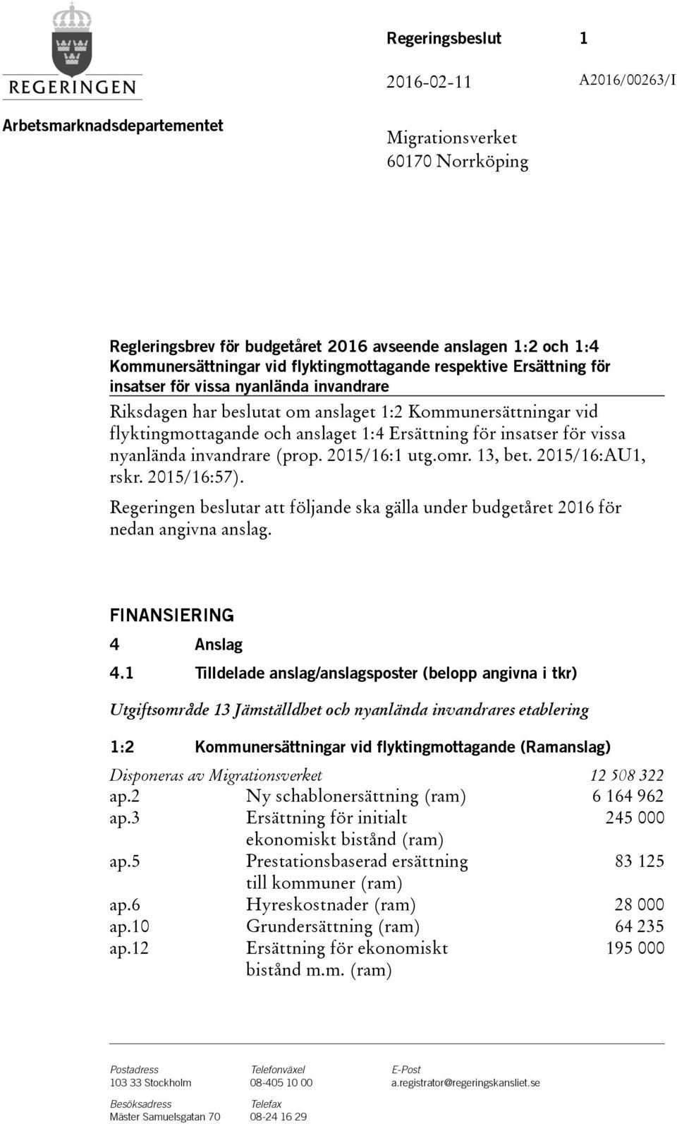 insatser för vissa nyanlända invandrare(prop. 2015/16:1 utg.omr. 13, bet. 2015/16:AU1, rskr. 2015/16:57). Regeringen beslutar att följande ska gälla under budgetåret 2016 för nedan angivna anslag.