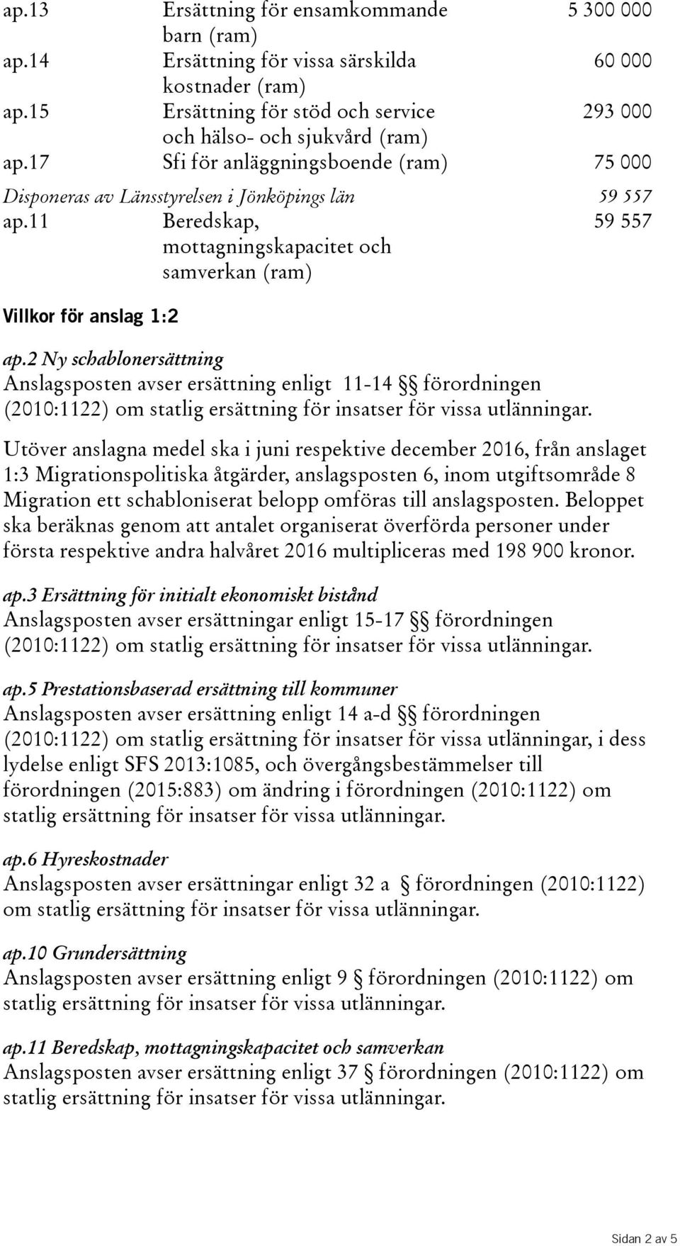 2 Ny schablonersättning Anslagsposten avser ersättning enligt 11-14 förordningen (2010:1122) om Utöver anslagna medel ska i juni respektive december 2016, från anslaget 1:3 Migrationspolitiska