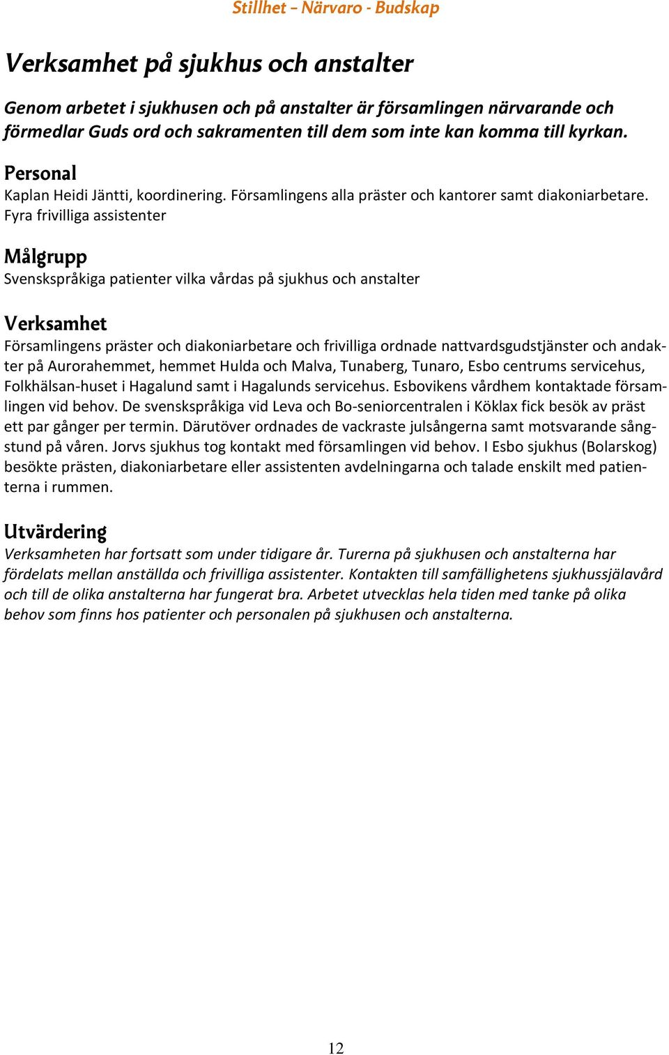 Fyra frivilliga assistenter Svenskspråkiga patienter vilka vårdas på sjukhus och anstalter Församlingens präster och diakoniarbetare och frivilliga ordnade nattvardsgudstjänster och andakter på