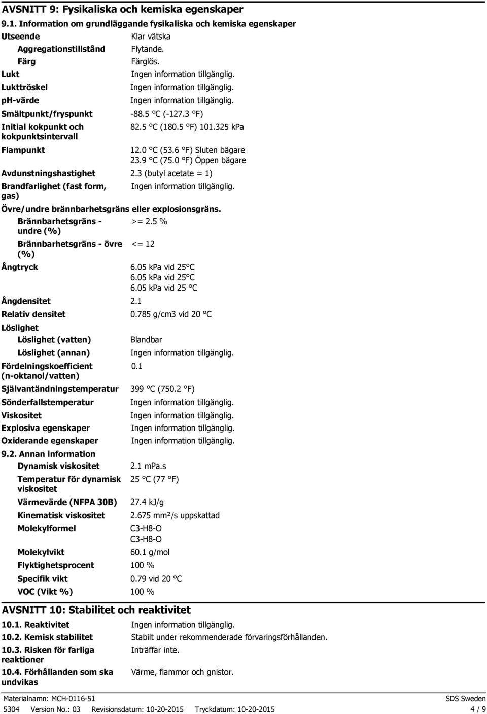 Klar vätska Flytande. Färglös. -88.5 C (-127.3 F) 82.5 C (180.5 F) 101.325 kpa 12.0 C (53.6 F) Sluten bägare 23.9 C (75.0 F) Öppen bägare Avdunstningshastighet 2.