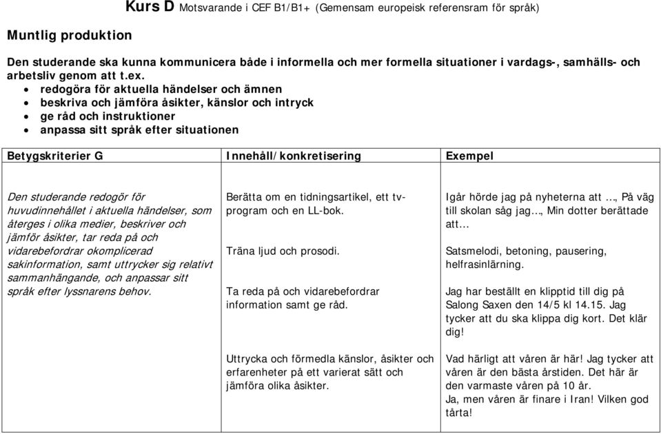 aktuella händelser, som återges i olika medier, beskriver och jämför åsikter, tar reda på och vidarebefordrar okomplicerad sakinformation, samt uttrycker sig relativt sammanhängande, och anpassar