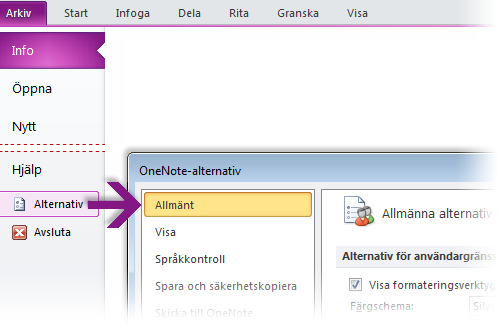 Var är Guiden Ny anteckningsbok? I OneNote kan du arbeta med fler än en anteckningsbok i taget. I OneNote 2010 har Guiden Ny anteckningsbok ersatts med ett enkelt gränssnitt i Backstage-vyn.