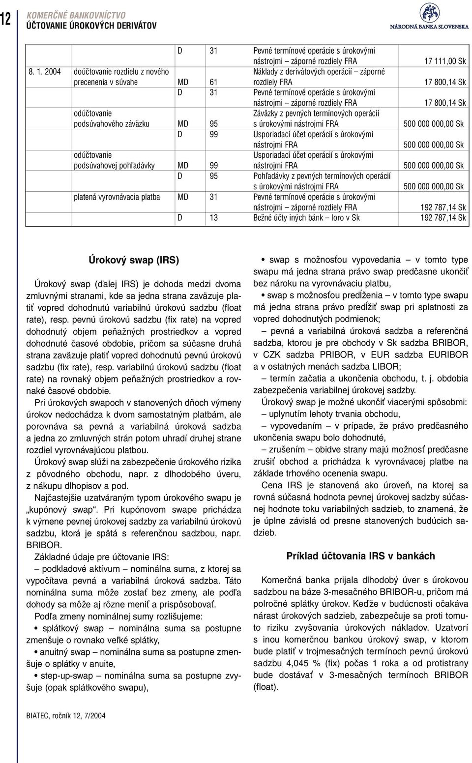 2004 doúčtovanie rozdielu z nového Náklady z derivátových operácií záporné precenenia v súvahe MD 61 rozdiely FRA 17 800,14 Sk nástrojmi záporné rozdiely FRA 17 800,14 Sk odúčtovanie Záväzky z