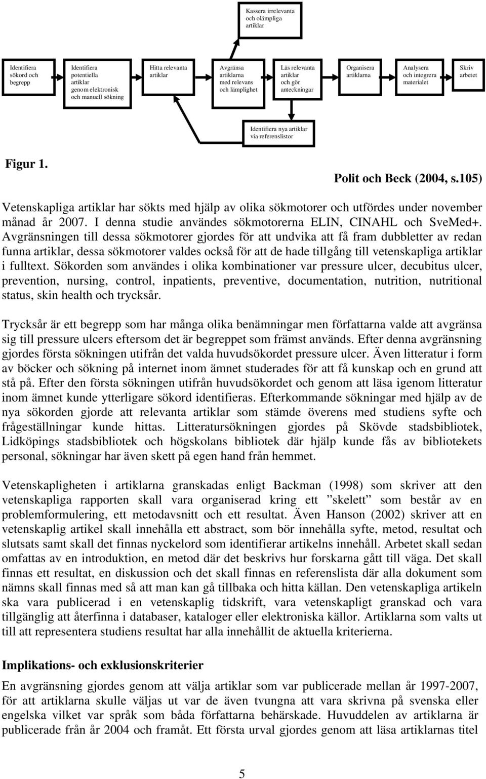 Polit och Beck (2004, s.105) Vetenskapliga artiklar har sökts med hjälp av olika sökmotorer och utfördes under november månad år 2007. I denna studie användes sökmotorerna ELIN, CINAHL och SveMed+.