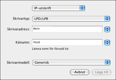 STÄLLA IN UTSKRIFT I MAC OS X 10 För IP-utskrift ska du skriva in skrivarens IP-adress i fältet Skrivaradress. Ange skrivaranslutning (print, hold eller direct) med små bokstäver i fältet Könamn.