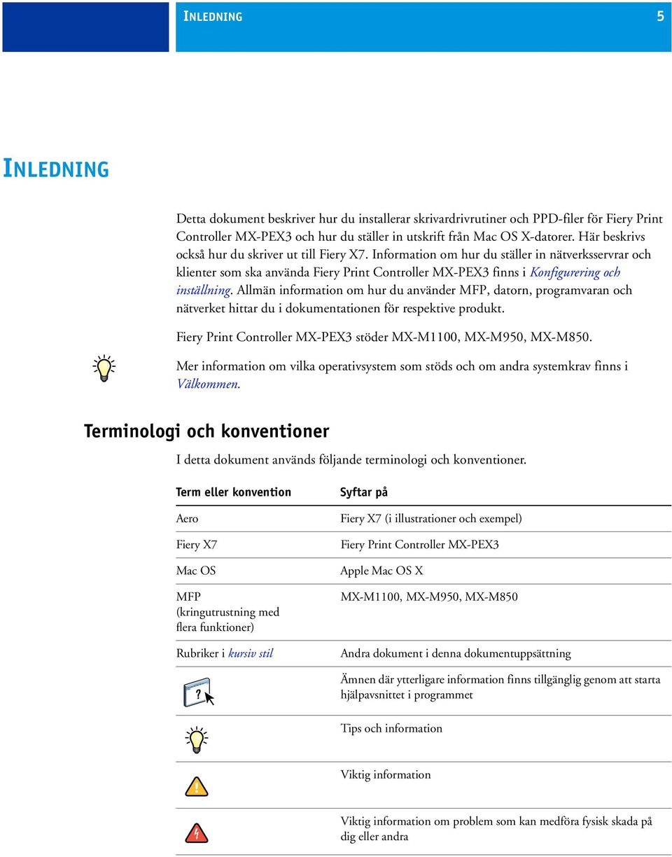 Allmän information om hur du använder MFP, datorn, programvaran och nätverket hittar du i dokumentationen för respektive produkt. Fiery Print Controller MX-PEX3 stöder MX-M1100, MX-M950, MX-M850.