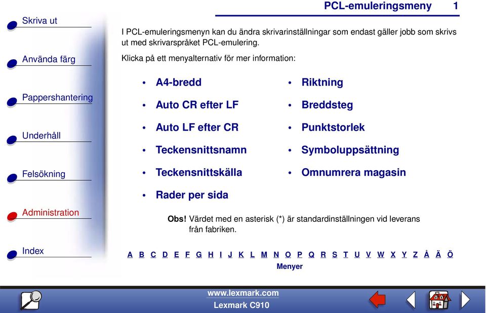 Klicka på ett menyalternativ för mer information: 1 A4-bredd Auto CR efter LF Auto LF efter CR