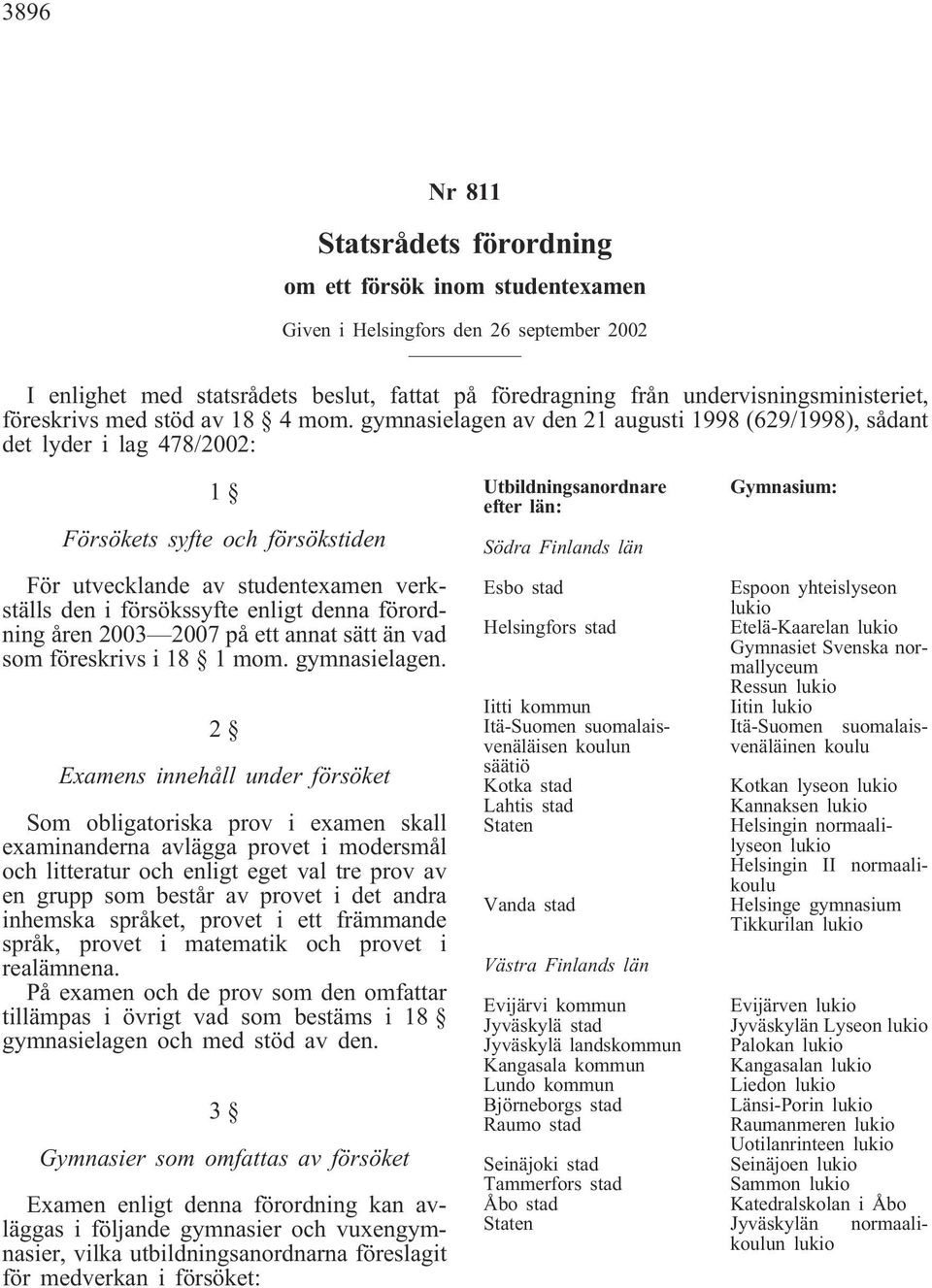 gymnasielagen av den 21 augusti 1998 (629/1998), sådant det lyder i lag 478/2002: 1 Försökets syfte och försökstiden För utvecklande av studentexamen verkställs den i försökssyfte enligt denna