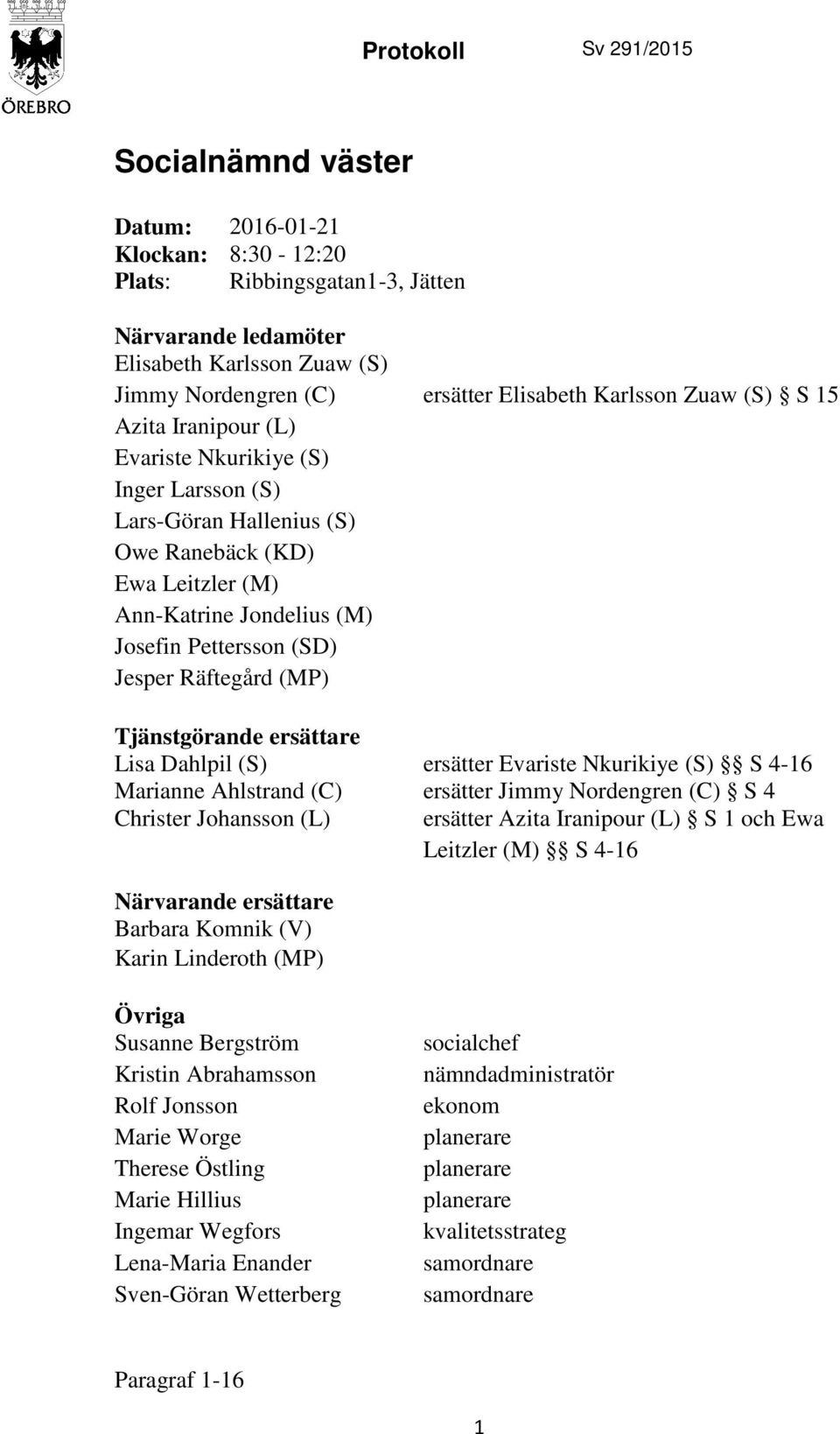 Jesper Räftegård (MP) Tjänstgörande ersättare Lisa Dahlpil (S) ersätter Evariste Nkurikiye (S) S 4-16 Marianne Ahlstrand (C) ersätter Jimmy Nordengren (C) S 4 Christer Johansson (L) ersätter Azita