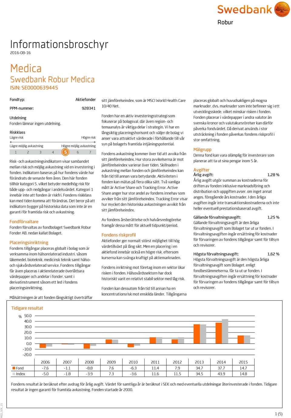 fonden. Indikatorn baseras på hur fondens värde har förändrats de senaste fem åren. Den här fonden tillhör kategori 5, vilket betyder medelhög risk för både upp- och nedgångar i andelsvärdet.