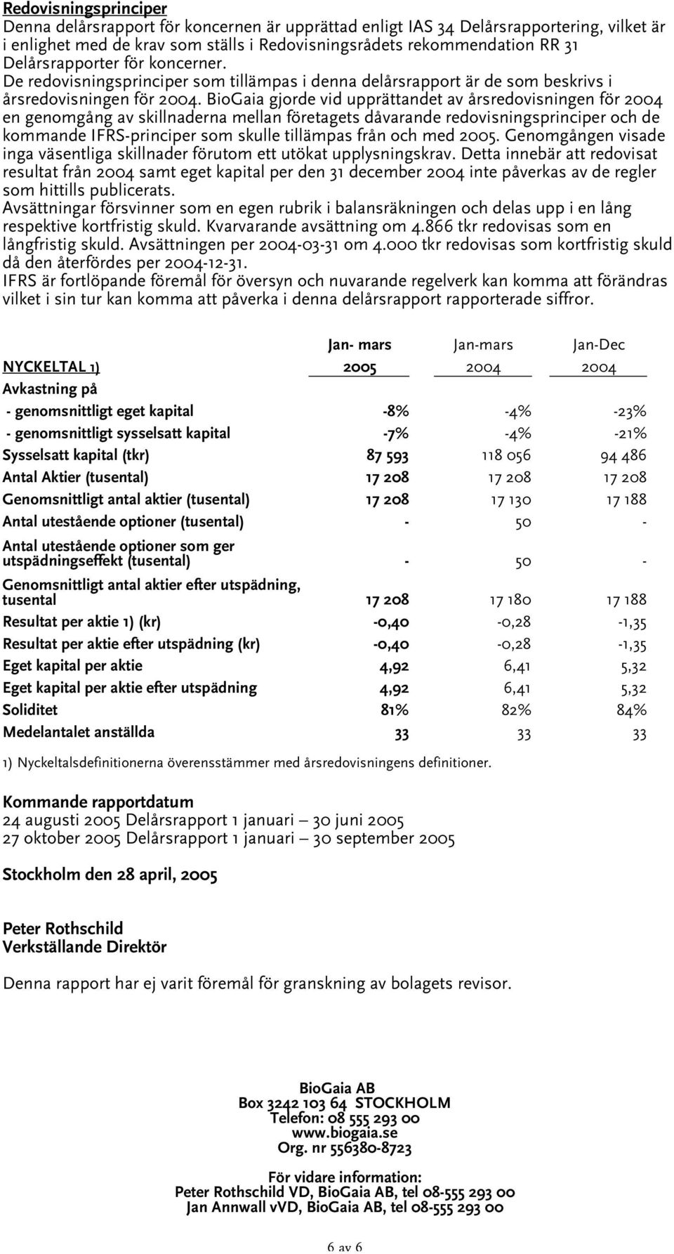 BioGaia gjorde vid upprättandet av årsredovisningen för 2004 en genomgång av skillnaderna mellan företagets dåvarande redovisningsprinciper och de kommande IFRS-principer som skulle tillämpas från