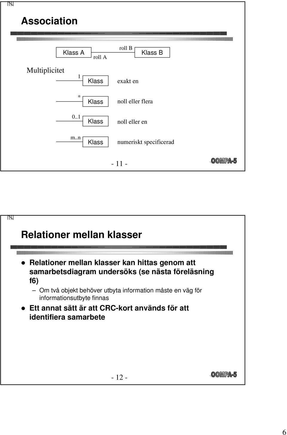 .n Klass numeriskt specificerad - - Relationer mellan klasser l Relationer mellan klasser kan hittas genom att