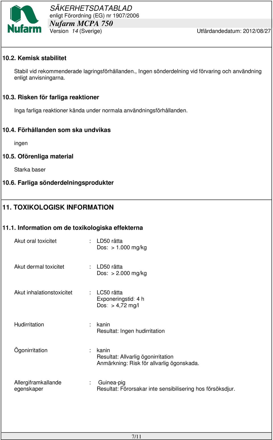 Farliga sönderdelningsprodukter 11. TOXIKOLOGISK INFORMATION 11.1. Information om de toxikologiska effekterna Akut oral toxicitet : LD50 råtta Dos: > 1.