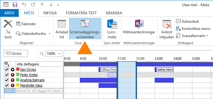 Schemalägga en avtalad tid Schemalägga ett möte med andra personer 2. Klicka på Nytt möte. 3. Fyll i rutorna Ämne och Plats, och ange start- och sluttid. 2. Klicka på Ny avtalad tid i menyfliksområdet.