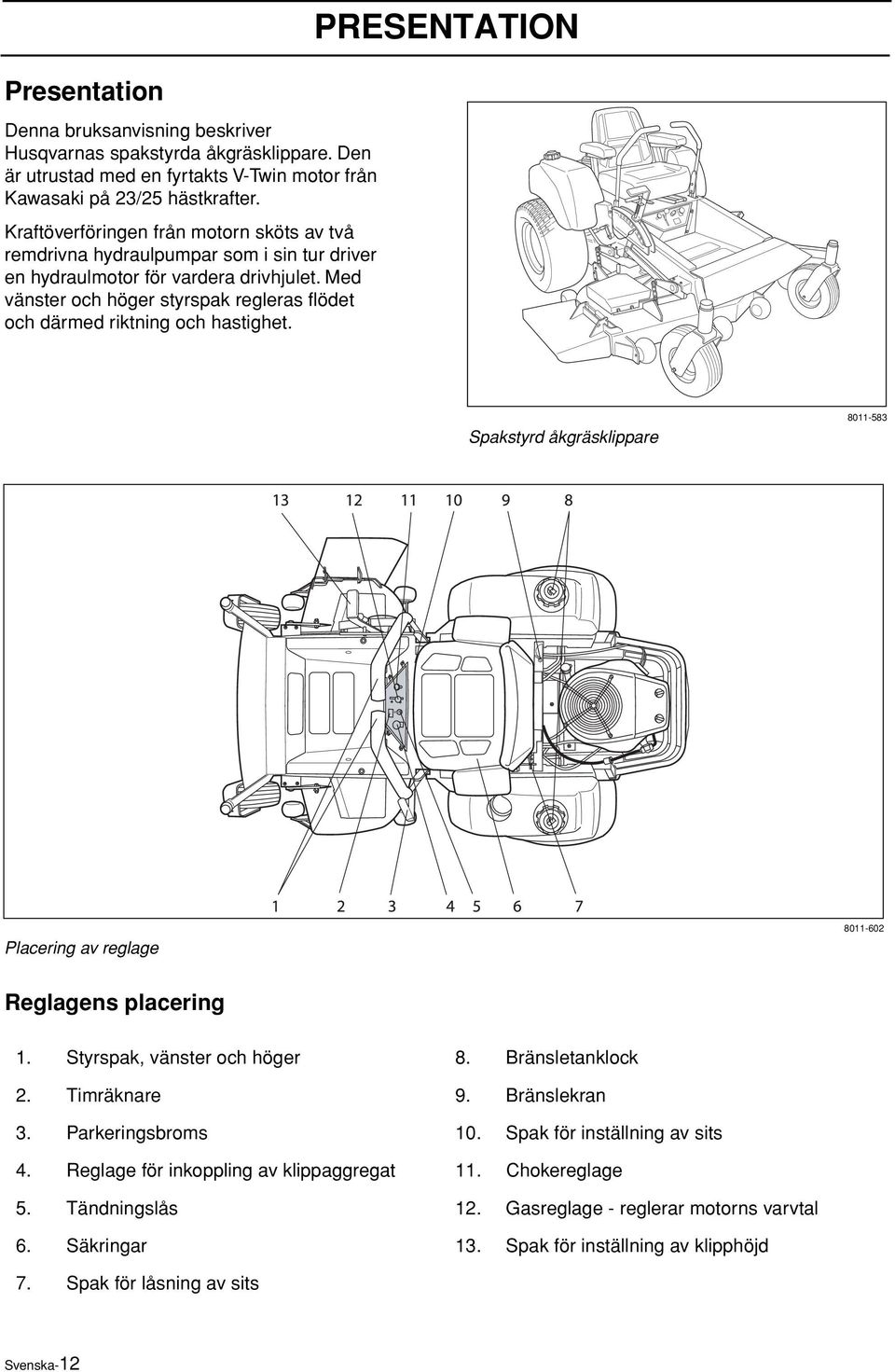 Med vänster och höger styrspak regleras flödet och därmed riktning och hastighet. PRESENTATION Spakstyrd åkgräsklippare 8011-583 Placering av reglage 8011-602 Reglagens placering 1.