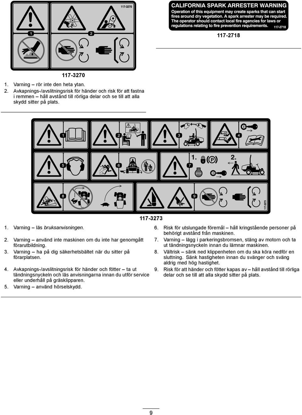 Risk för utslungade föremål håll kringstående personer på behörigt avstånd från maskinen. 2. Varning använd inte maskinen om du inte har genomgått förarutbildning. 7.