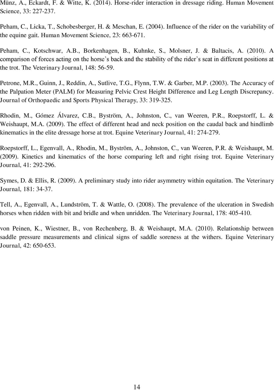 A comparison of forces acting on the horse s back and the stability of the rider s seat in different positions at the trot. The Veterinary Journal, 148: 56-59. Petrone, M.R., Guinn, J., Reddin, A.