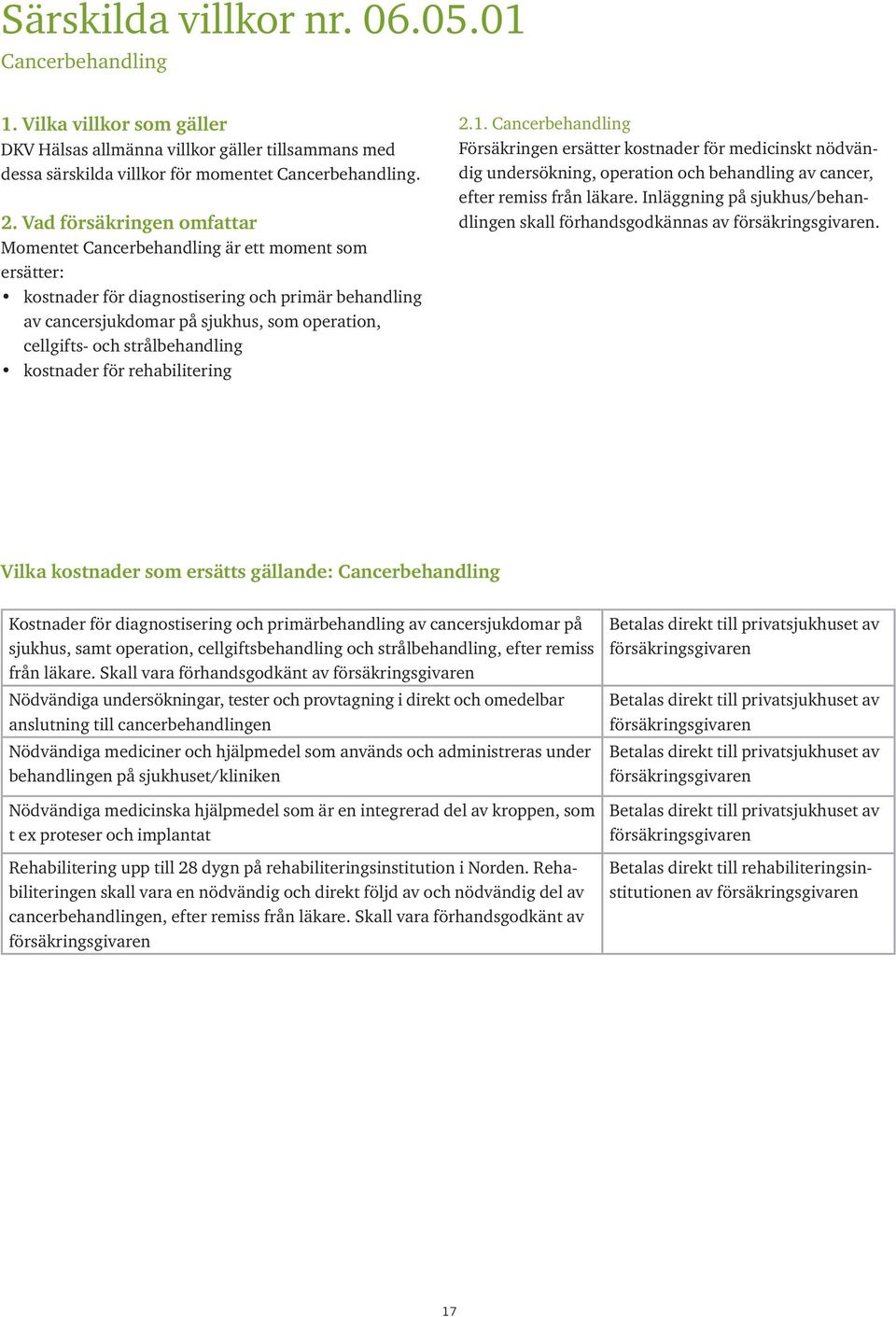 strålbehandling kostnader för rehabilitering 2.1. Cancerbehandling Försäkringen ersätter kostnader för medicinskt nödvändig undersökning, operation och behandling av cancer, efter remiss från läkare.