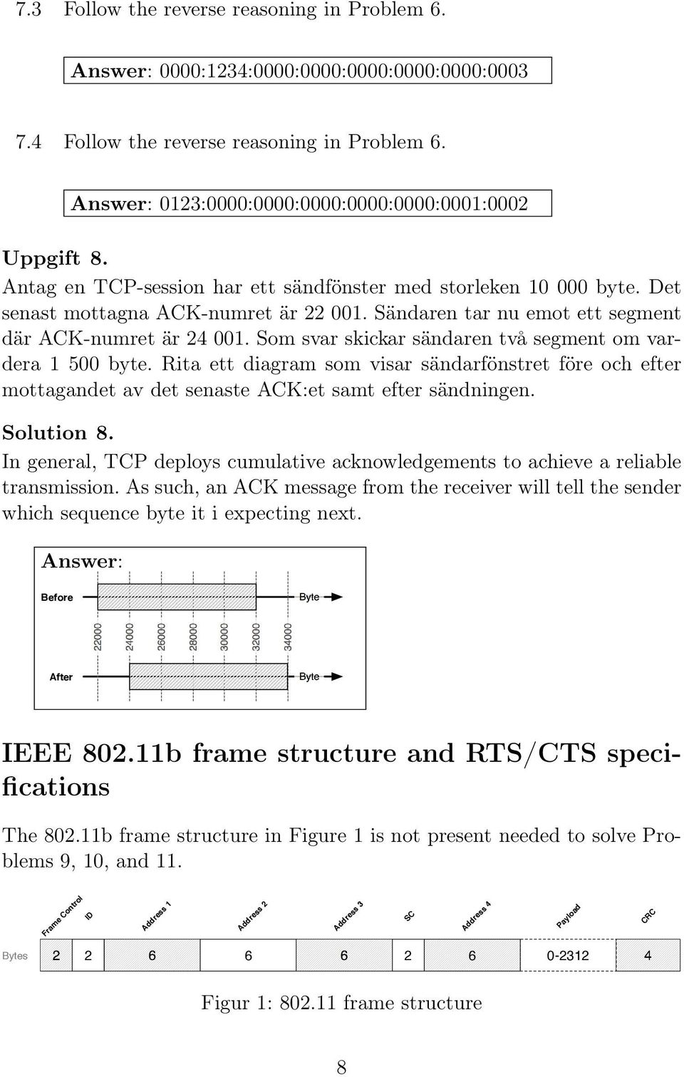 Som svar skickar sändaren två segment om vardera 1 500 byte. Rita ett diagram som visar sändarfönstret före och efter mottagandet av det senaste ACK:et samt efter sändningen. Solution 8.