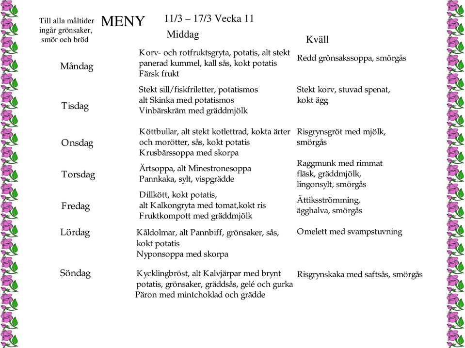 med tomat,kokt ris Fruktkompott med gräddmjölk Kåldolmar, alt Pannbiff, grönsaker, sås, kokt potatis Nyponsoppa med skorpa Redd grönsakssoppa, Stekt korv, stuvad spenat, kokt ägg Risgrynsgröt med