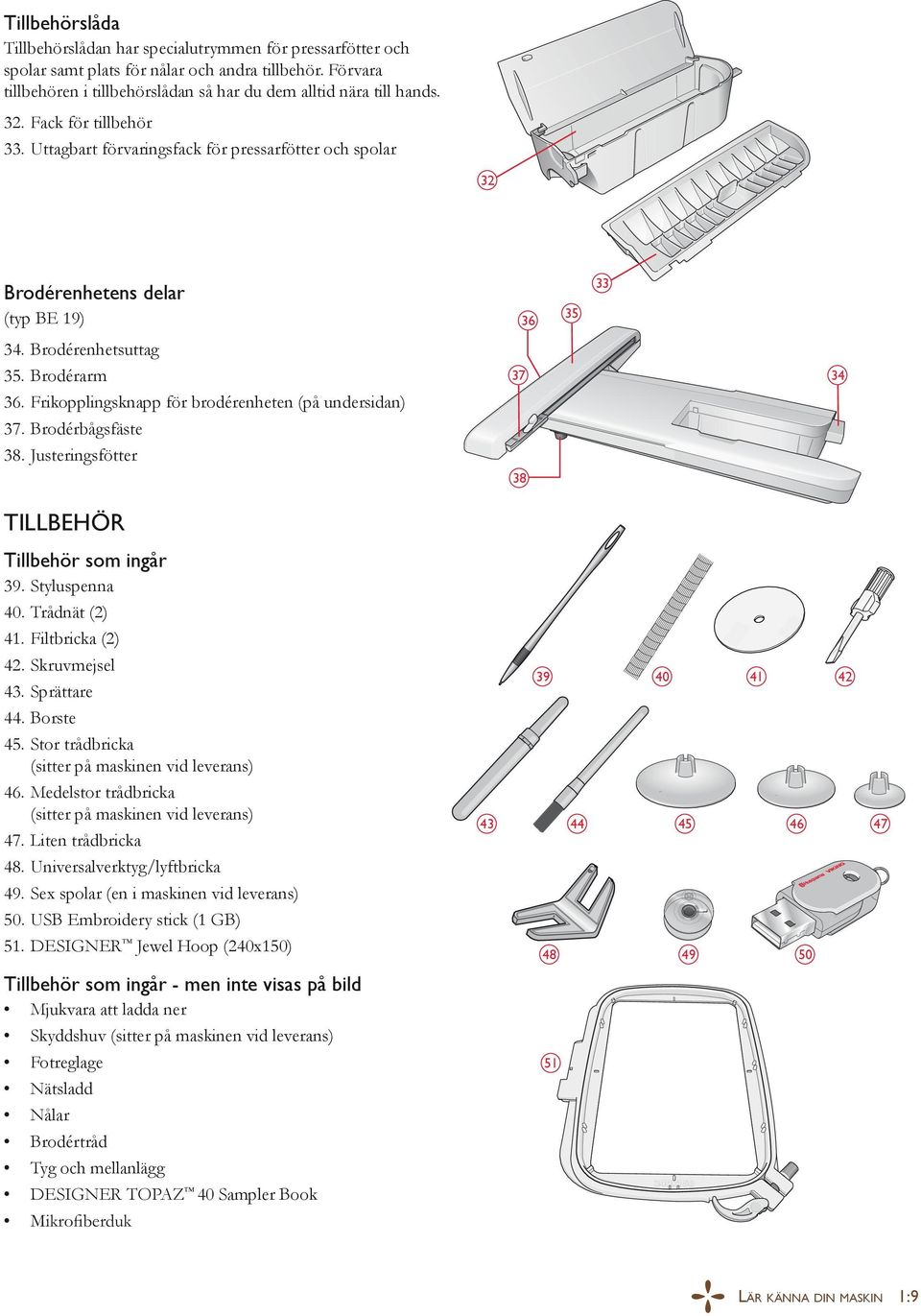 Frikopplingsknapp för brodérenheten (på undersidan) 37. Brodérbågsfäste 38. Justeringsfötter 38 TILLBEHÖR Tillbehör som ingår 39. Styluspenna 40. Trådnät (2) 41. Filtbricka (2) 42. Skruvmejsel 43.
