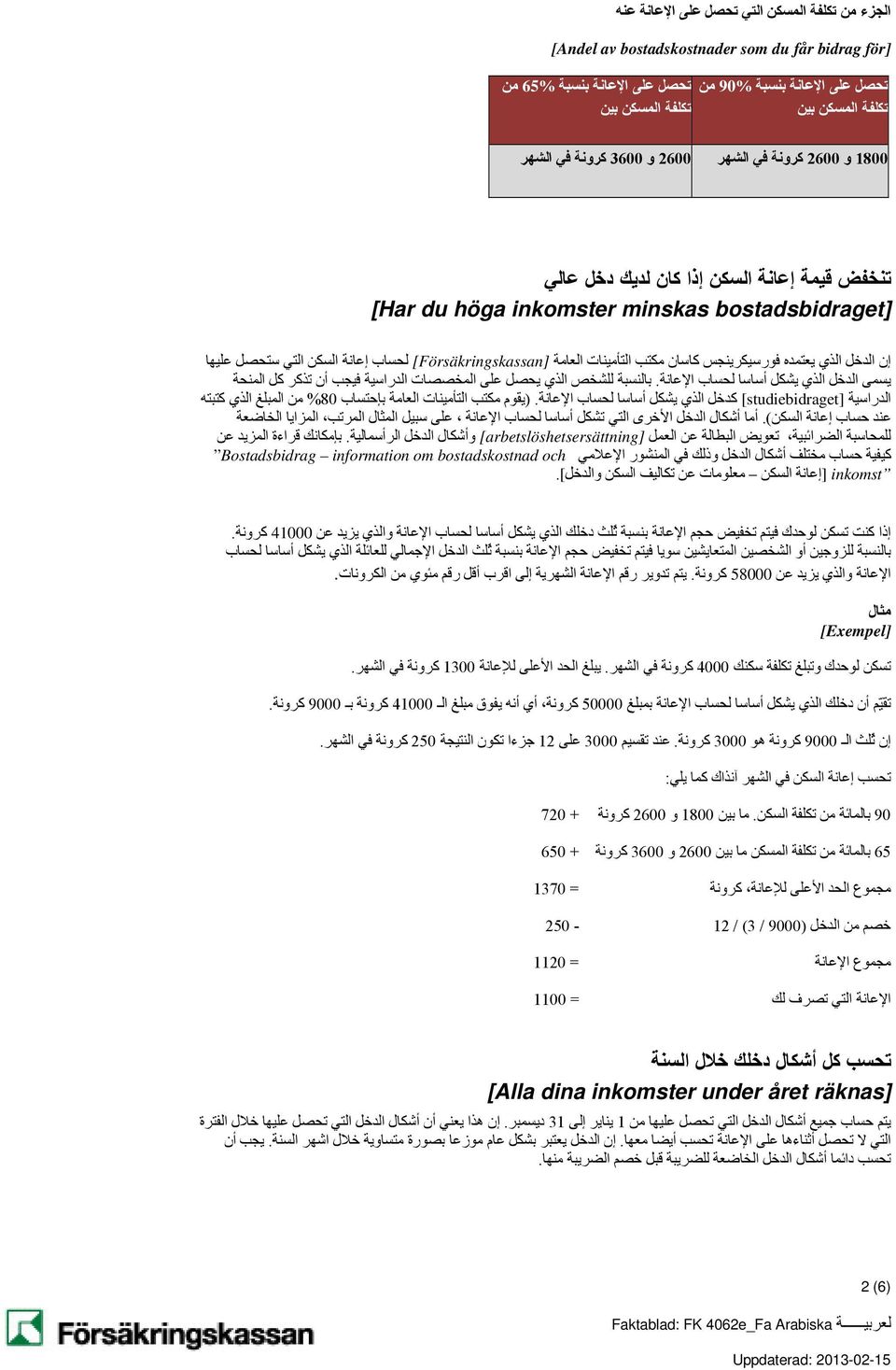 العامة [Försäkringskassan] لحساب إعانة السكن التي ستحصل عليها يسمى الدخل الذي يشكل أساسا لحساب الا عانة.