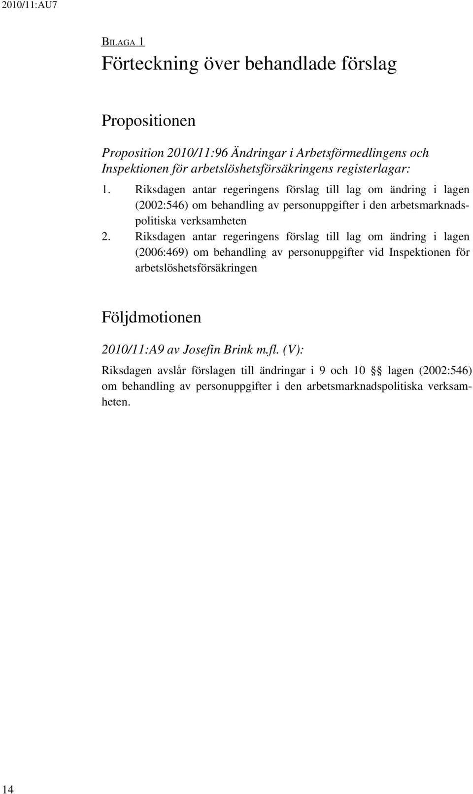 Riksdagen antar regeringens förslag till lag om ändring i lagen (2006:469) om behandling av personuppgifter vid Inspektionen för arbetslöshetsförsäkringen Följdmotionen