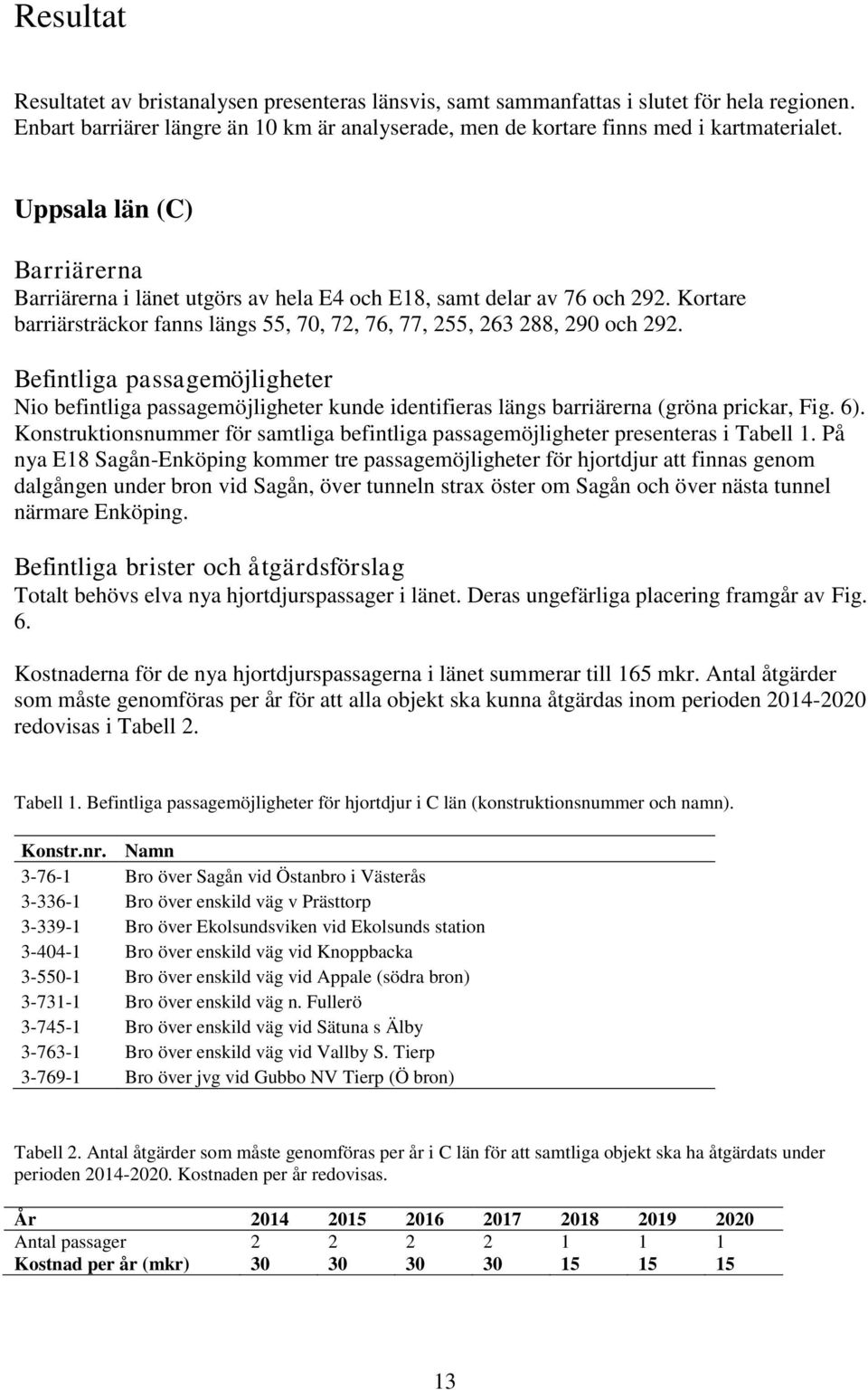 Befintliga passagemöjligheter Nio befintliga passagemöjligheter kunde identifieras längs barriärerna (gröna prickar, Fig. 6).