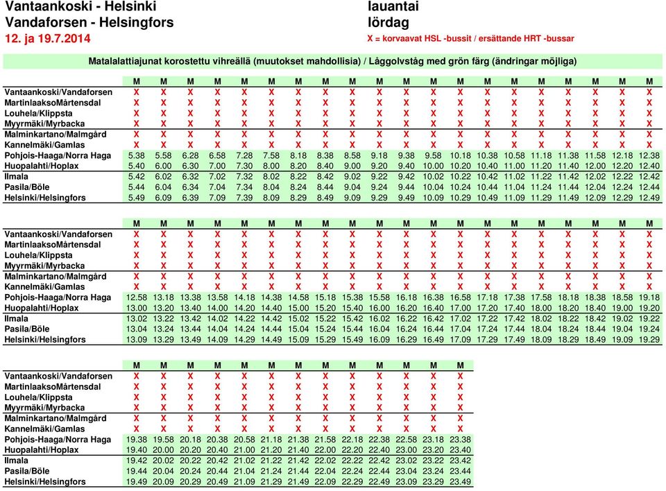 38 9.58 10.18 10.38 10.58 11.18 11.38 11.58 12.18 12.38 Huopalahti/Hoplax 5.40 6.00 6.30 7.00 7.30 8.00 8.20 8.40 9.00 9.20 9.40 10.00 10.20 10.40 11.00 11.20 11.40 12.00 12.20 12.40 Ilmala 5.42 6.