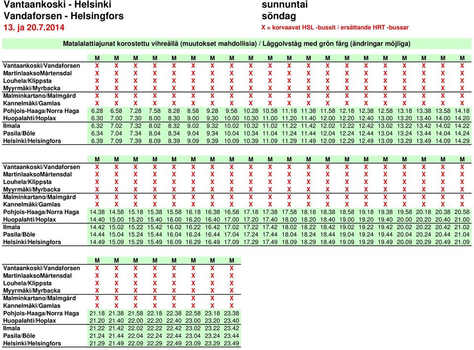 18 11.38 11.58 12.18 12.38 12.58 13.18 13.38 13.58 14.18 Huopalahti/Hoplax 6.30 7.00 7.30 8.00 8.30 9.00 9.30 10.00 10.30 11.00 11.20 11.40 12.00 12.20 12.40 13.00 13.20 13.40 14.00 14.20 Ilmala 6.