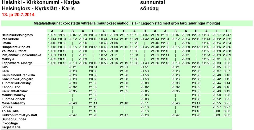 06 20.26 20.46 21.06 21.26 21.46 22.06 22.26 22.46 23.24 23.54 Huopalahti/Hoplax 19.48 20.08 20.15 20.28 20.45 20.48 21.08 21.15 21.28 21.45 21.48 22.08 22.15 22.28 22.45 22.48 23.26 23.