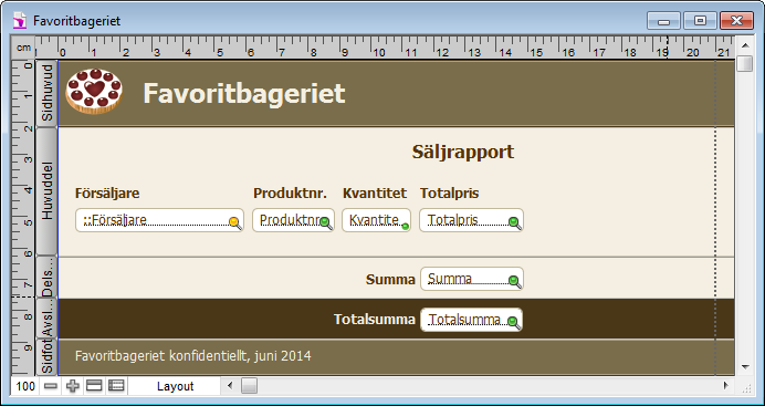 Kapitel 3 Skapa databaser 104 Guiden Ny layout/rapport skapar automatiskt lämpliga layoutdelar beroende på vilka tillval du väljer.