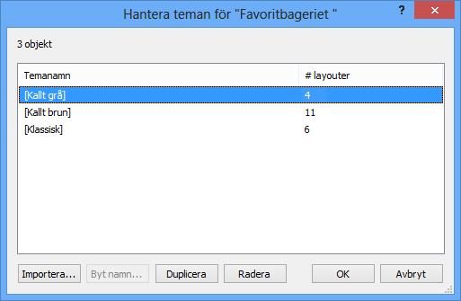 Kapitel 3 Skapa databaser 108 1 Använd dialogrutan Ändra tema för att använda standardteman och anpassade teman i layouter i en fil.