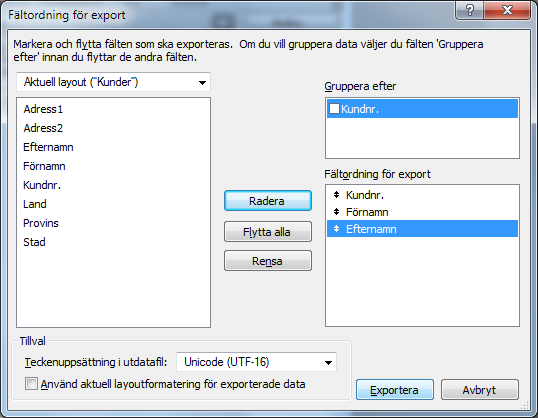 Kapitel 5 Dela och utbyta data 140 5. I dialogrutan Fältordning för export anger du hur du vill att informationen ska exporteras.