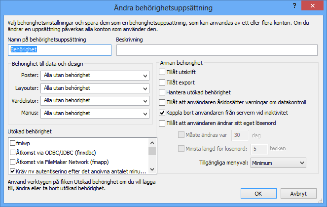 Kapitel 6 Skydda databaser 152 Skapa behörighetsuppsättningar Du kan koppla varje behörighetsuppsättning till ett eller flera konton. Så här skapar du en behörighetsuppsättning: 1.