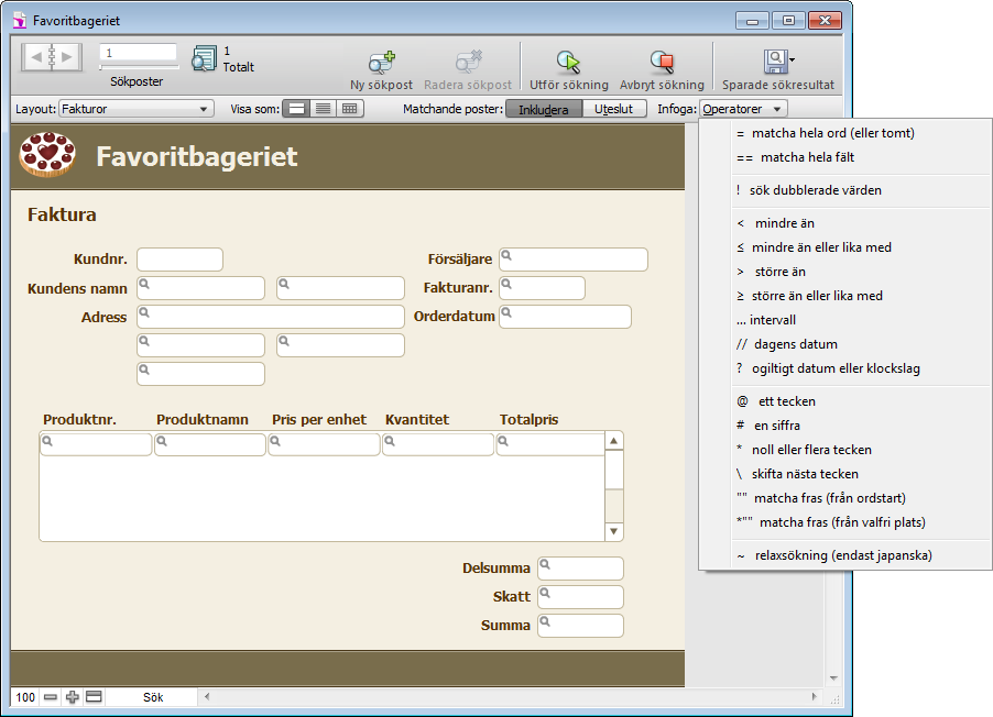 Kapitel 2 Använda databaser 35 Så här skapar du en sökpost 1. I sökläget går du till snabbmenyn Layout och väljer en layout som innehåller fälten med de data du vill söka efter.