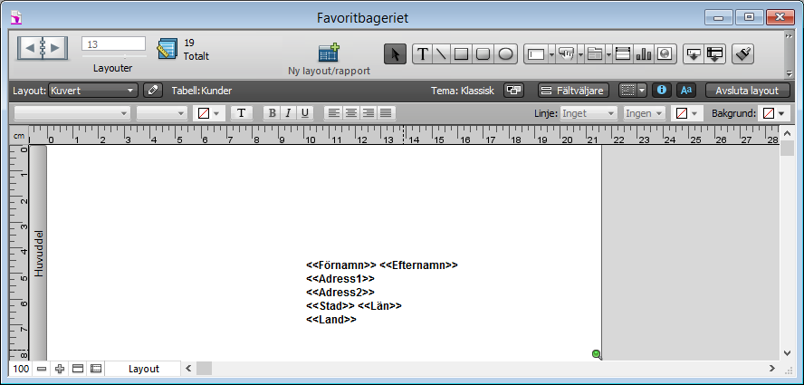 Kapitel 3 Skapa databaser 81 Kuvert Använd en kuvertlayout om du vill skriva ut de fält du väljer på ett affärskuvert av standardstorlek ( nr 10 ).