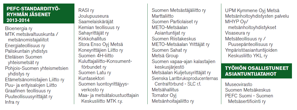 PEFC FI skogskriteriernas uppdatering 2013-2014 Processen för ställande av kriterier: Samhällets aktörer är representerade på