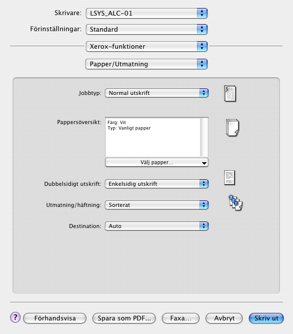 Anpassade drivrutinfunktioner Funktionerna i drivrutinerna för OS X finns på popup-menyn Xerox-funktioner.