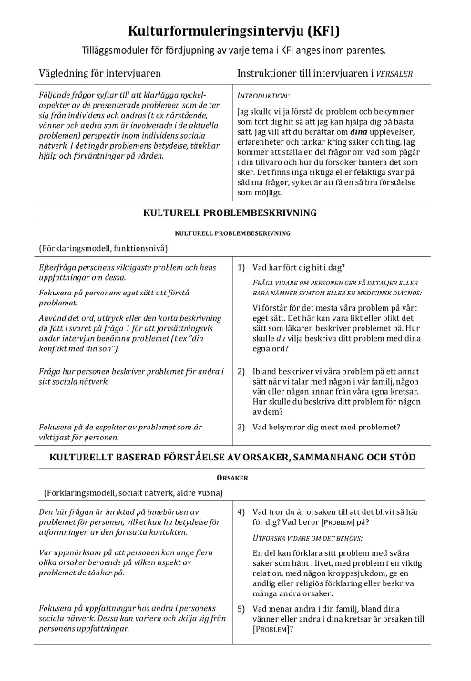 DSM-5 Kulturformulerings-intervju (KFI) Kulturformuleringsintervjun (KFI) är ett praktiskt intervjustöd som är tänkt att underlätta möjligheterna till förståelse av intervjupersonens kulturellt