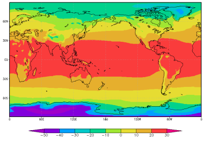 Figur 19. Den globala kartan visar medelvärdet av tre globala simuleringar för medeltemperatur på 2 m höjd perioden 1961-1990. Beräkningarna har startats med olika initiala tillstånd år 1850.