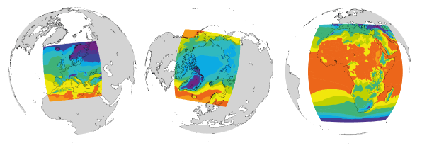 Figur 20. Exempel på olika regionala beräkningsområden, Europa, Arktis och Afrika. 3.9.2 Rossby Centrets regionala klimatmodeller Rossby Centre är klimatmodelleringsenheten på SMHI.