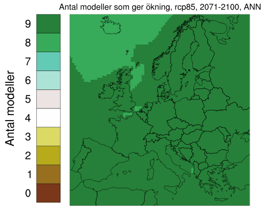 kombinationer av utsläppsscenarier, modeller o.s.v. På så sätt går det att veta mer om hur stor betydelse till exempel valet av klimatmodell har för det slutgiltiga resultatet, det vill säga hur stor osäkerheten är.