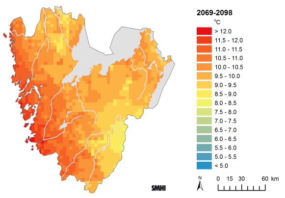 Figur 42. Diagrammen visar hur nederbörd med varaktighet 1 timme kan komma att förändras procentuellt i framtiden enligt beräkningar med 6 regionala klimatscenarier för två olika platser.