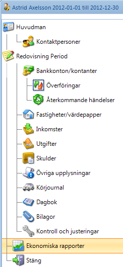 Ekonomiska rapporter Alla rapporter kan skrivas ut eller sparas i Excel, Rtf eller Pdf format. Om du sparar i Rtf format kan du öppna rapporten i exempelvis Microsoft Word eller WordPad.